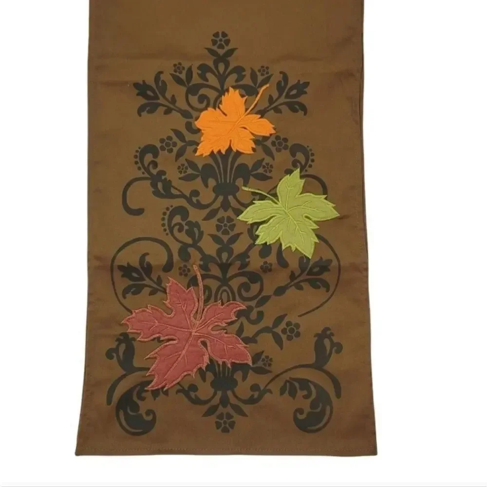 Vintage Pier 1 Imports Fall Autumn Embroidered Leaves Brown Table Runner 71x13.5